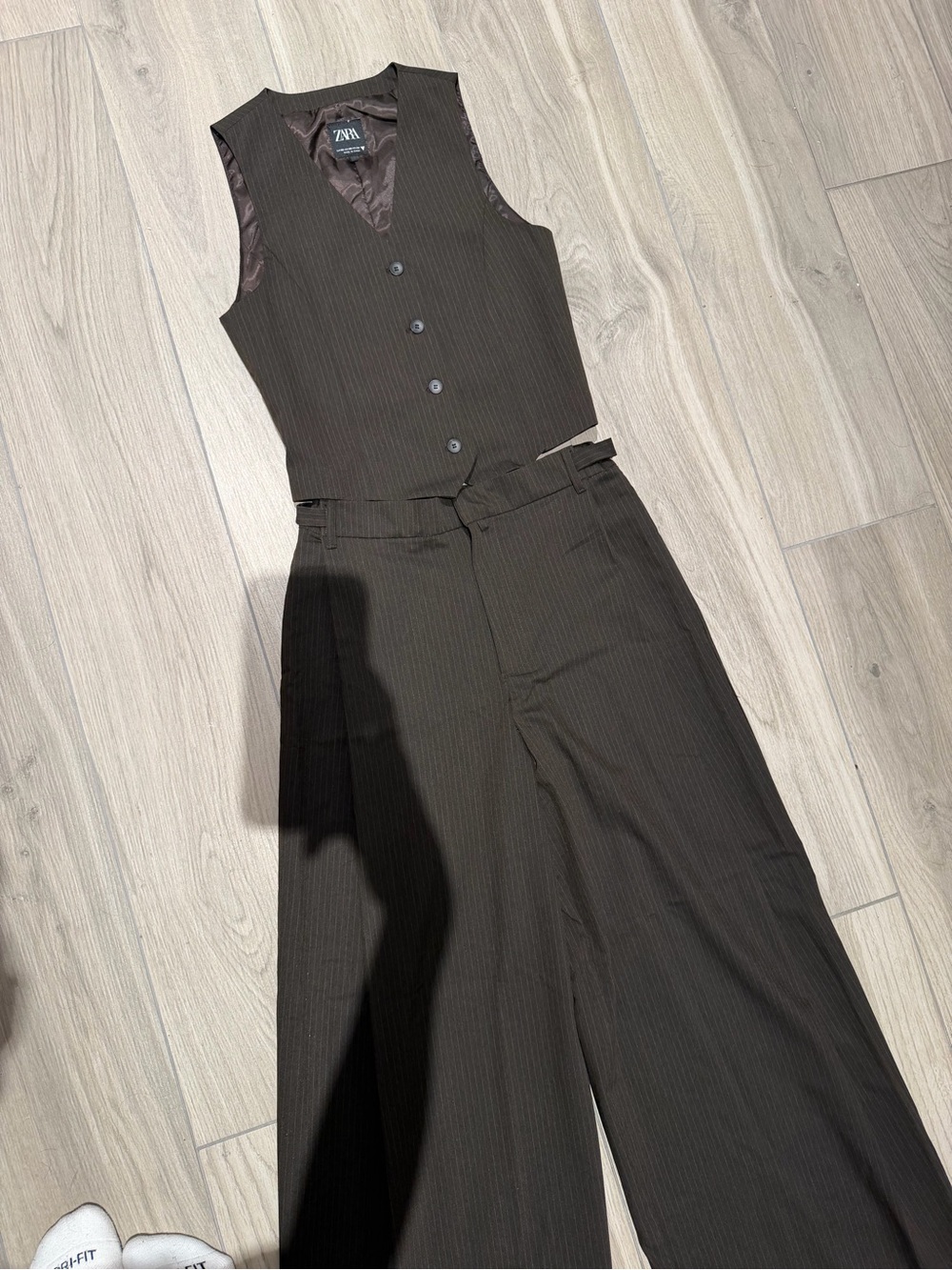 Zara Dark Brown Pinstripe Vest with Wide-Leg Trousers